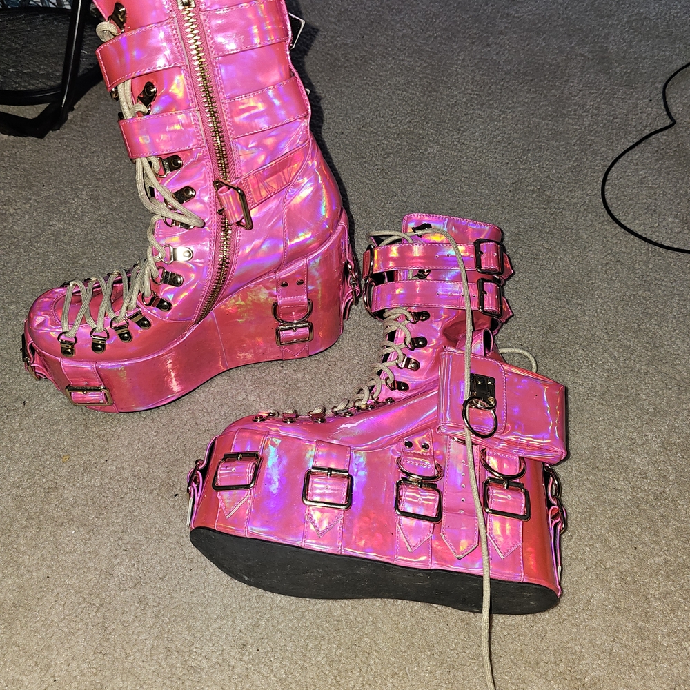 Holographic Pink Platform Heeled Boots